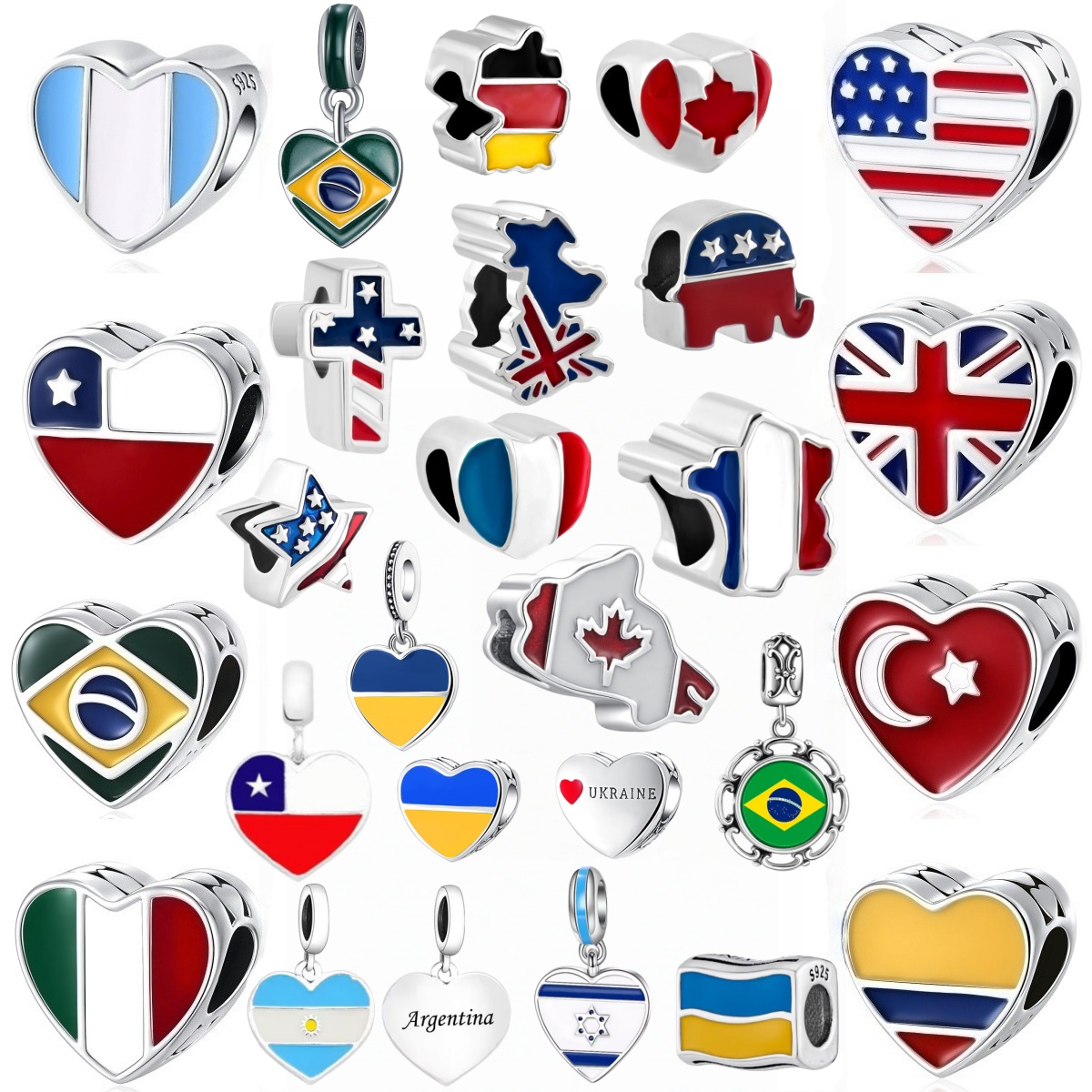 Jewelry Making Uk - 新しいS925シルバー国旗ハートチャーム、アメリカ、イギリス、ブラジル、イタリア国旗ビーズペンダント、女性用旅行誕生日お土産ジュエリーギフト