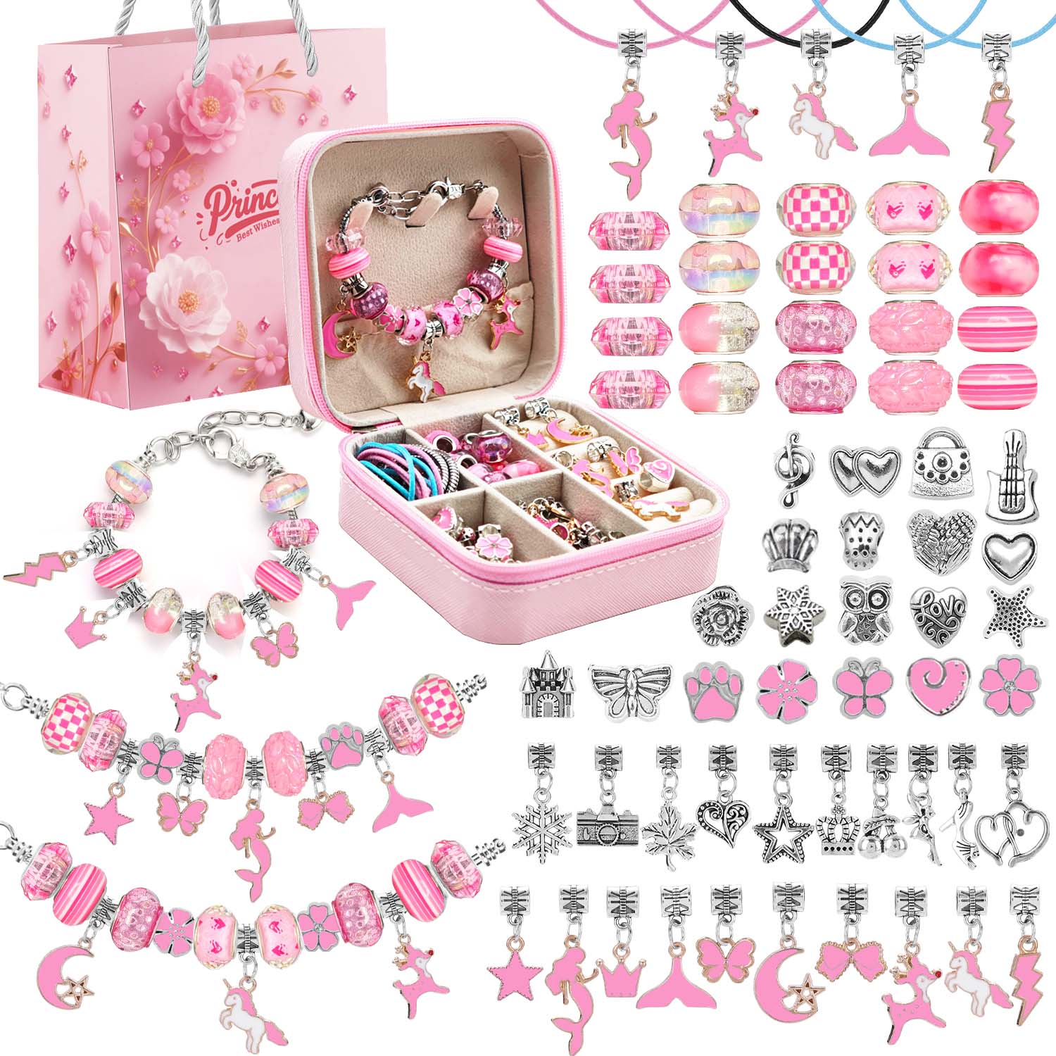 68個のピンクビーズジュエリーセット、ピンクのジュエリーボッ - Jewelry Making Box のレビューと価格